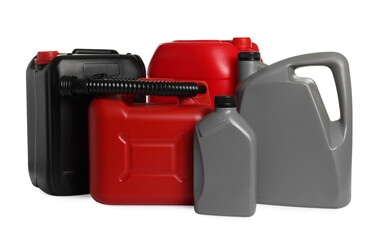 Many different plastic canisters isolated on white