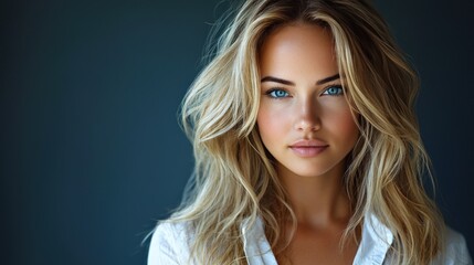 Fototapeta premium Stunning Portrait of a Young Woman with Blonde Hair and Blue Eyes