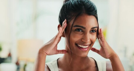 Smile, woman and pride for skincare at spa with dermatology treatment, facial glow and natural beauty. Happy, girl and proud with wellness cosmetics for self care, grooming routine and shine benefits