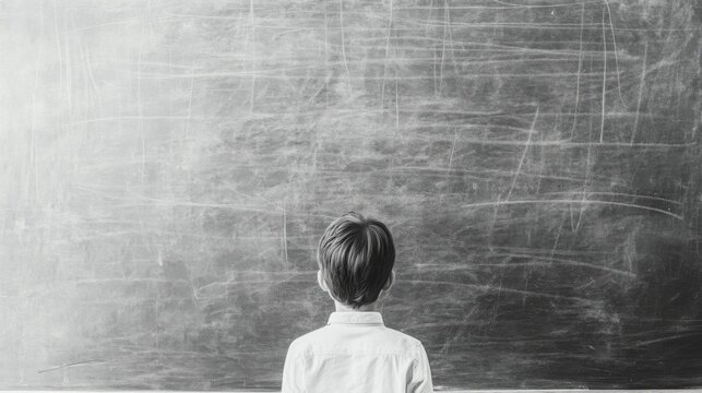 Boy facing blank chalkboard, classroom background, education concept