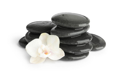Wet spa stones with flower isolated on white