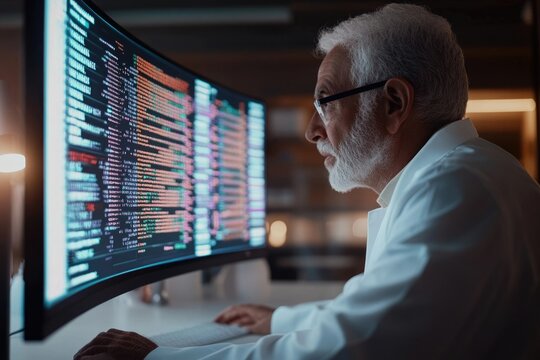 Senior scientist reviewing complex code on a large curved monitor late at night.