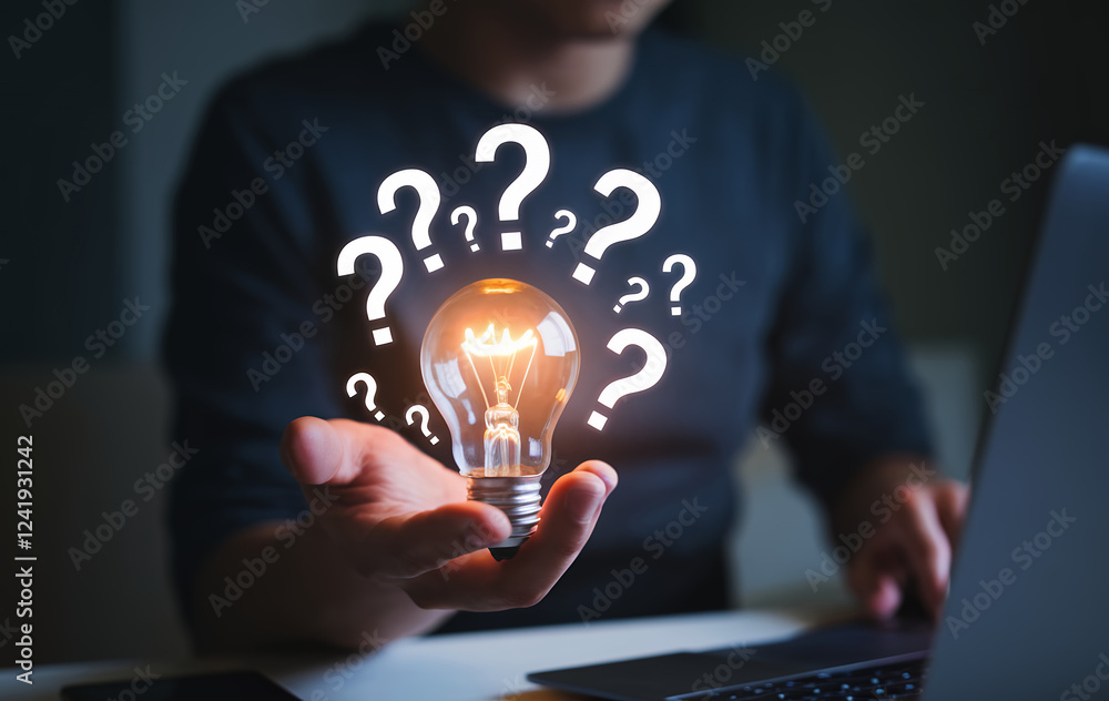 Poster illuminating solutions: glowing lightbulb with question marks, symbolizing ideas, problem solving, b