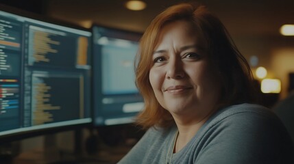 middle-aged Hispanic female IT tech support manager smiling warmly while assisting a colleague in a sleek, modern office