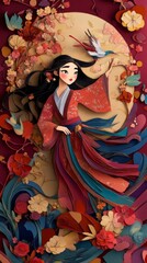 Elegant Paper Art of a Woman in Traditional Asian Dress with Birds and Flowers