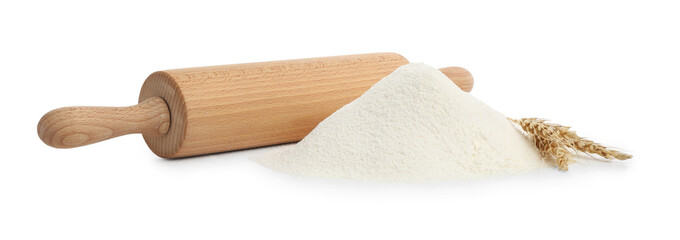 Wooden rolling pin and pile of flour isolated on white