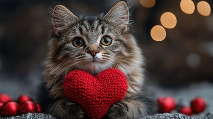 holiday valentine card with cute kitten holding red knitted heart in paws