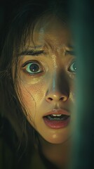 Terrified Young Woman Peeking Through Darkness with Fearful Expression