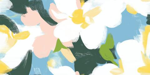 Abstract vector seamless pattern, delicate pastel light floral pattern with small spring flowers paint brush strokes on blue background