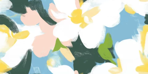 Schilderijen op glas Geschilderde Bloemen Abstract vector seamless pattern, delicate pastel light floral pattern with small spring flowers paint brush strokes on blue background  © Eli Berr