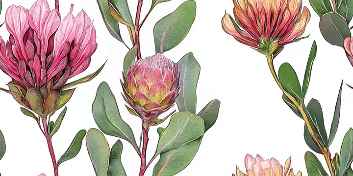 Seamless Vector pattern with Tropical exotic pink protea flowers in tropical leaves. Botanical African flowers on white background