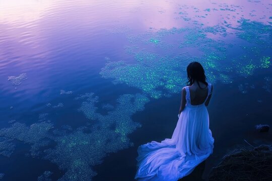 A woman in a white gown stands by a bioluminescent lake at dusk, gazing at the magical water. - Powered by Adobe