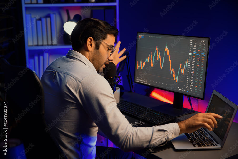Poster smart trader businessman concentrating on dynamic stock exchange investment on pc and laptop showing