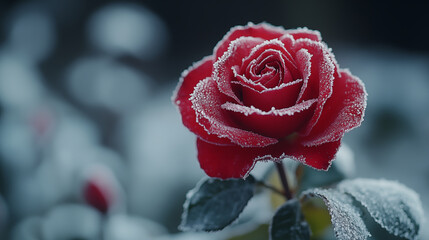 Red rose covered in frost against blurred background, winter garden flower macro showing frozen petals for romantic seasonal concept