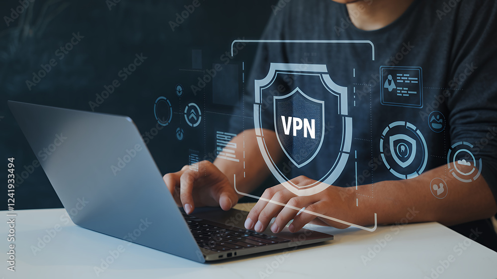 Poster secure your digital life: vpn technology & cybersecurity protection. person using laptop with secure
