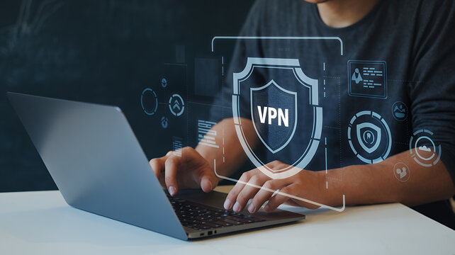 Secure Your Digital Life: VPN Technology & Cybersecurity Protection. Person using laptop with secure internet access and data protection icons displayed on     