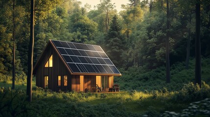 Obraz premium beautiful, sustainable wooden cabin with solar panels on the roof, surrounded by lush greenery, embodying an eco-friendly, off-grid lifestyle and renewable energy living
