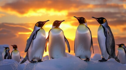Obraz premium Group of Penguins Standing on Ice During Orange Sunset Glow