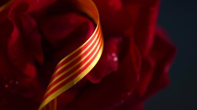 Red rose and a flag of Catalonia, Sant Jordi art design, Catalan tradition. Gift. Saint George Day, Spain 