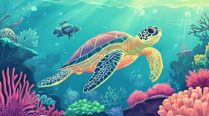 Obraz premium Colorful illustrations of playful sea turtles swimming happily among the corals in a serene underwater environment. Underwater Worlds. Illustration