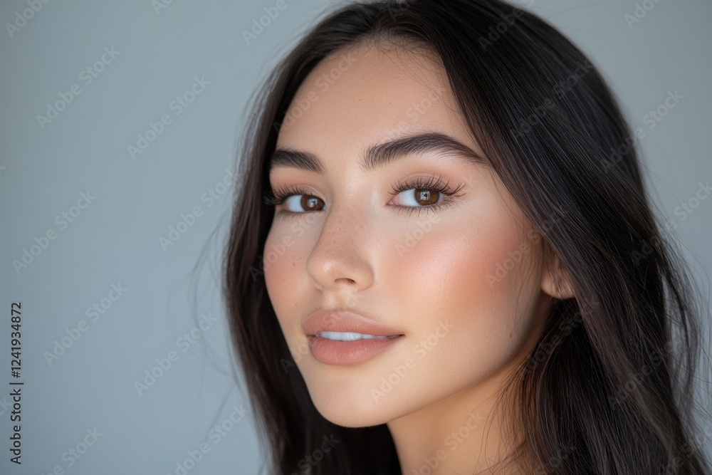 Poster exploring the contrast between natural beauty and dramatic makeup in a captivating face study. gener