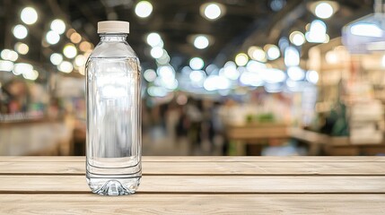 Clear plastic water bottle on wooden surface with blurred marketplace background, festive lights creating bokeh effect