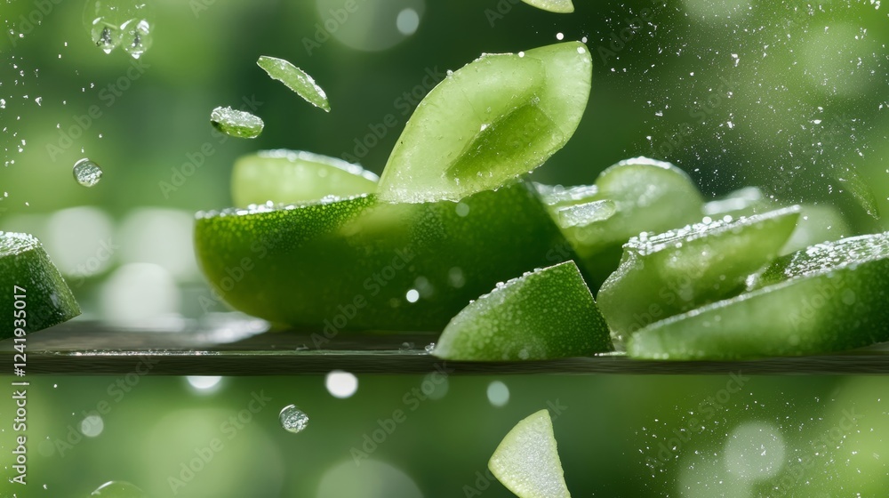 Poster slices of kiwi glisten with shiny flakes, showcasing a fine texture under soft light, creating an ap
