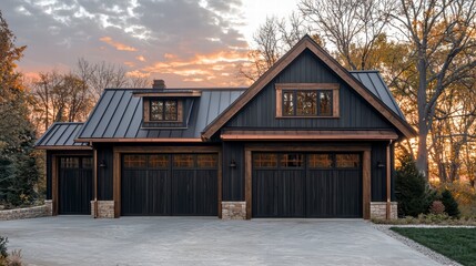 Naklejka premium Dark Charmer: Lakeside Retreat: A stunning modern barn-style garage with dark exterior, copper accents, and a metal roof, set against a picturesque sunset backdrop.