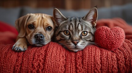 cute cat and dog are lying on a bed together surrounded by knitted red hearts