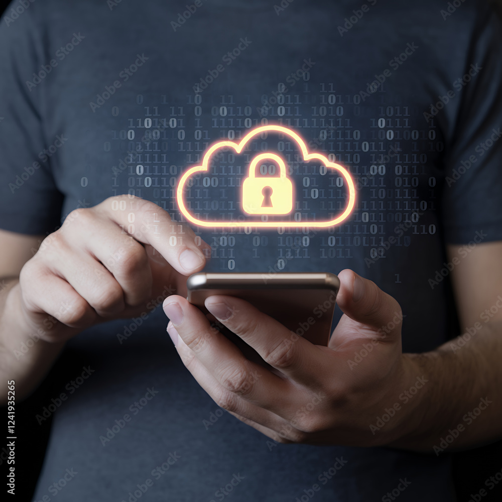 Poster Secure Cloud Computing: Data Protection & Network Security. A man presents a cloud with a padlock, symbolizing secure data storage, online backup, and internet 