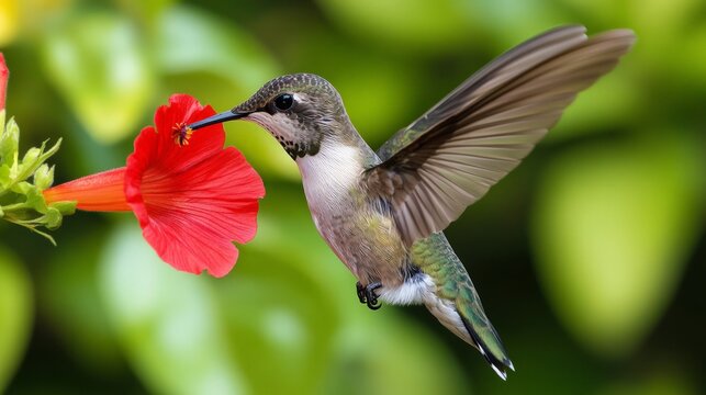 Hummingbird Feeding on a Bright Red Flower in a Tropical Garden