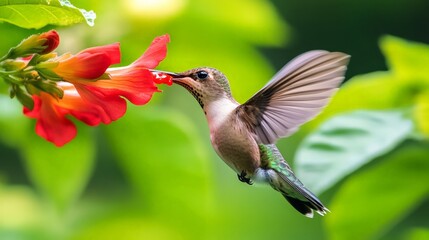 Fototapeta premium Vibrant Hummingbird Feeding on Bright Red Flower in Nature