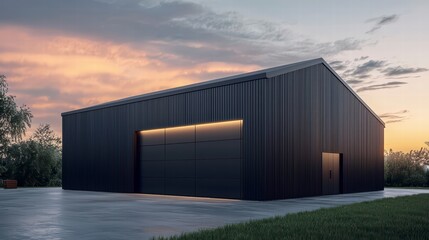 Obraz premium Modern Black Barn at Dusk: A sleek, modern barn with a dark exterior and illuminated garage door stands majestically against a vibrant sunset sky.