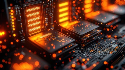 Glowing Circuit Board, Data Processing, Server Room, Futuristic Tech, Background Particles