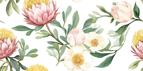 Vector Watercolor Vintage African seamless pattern. Tropical flowers on white background. Banksia, protea