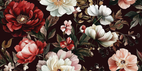 Vector Elegant vintage seamless pattern featuring red and white peonies with green leaves on a black background.