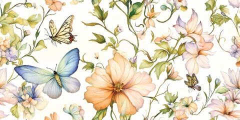 Vector Watercolor floral seamless pattern. Botanical print, blooming summer meadow illustration with butterflies on white background. Pastel color palette. Great for nursery design, textile