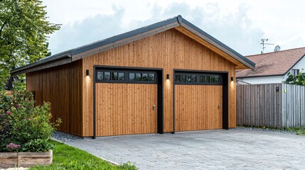 Fototapeta premium Modern Double Garage: A contemporary two-car garage, clad in warm, natural wood siding and featuring sleek black garage doors, adds style and functionality to a residential property.&nbsp;