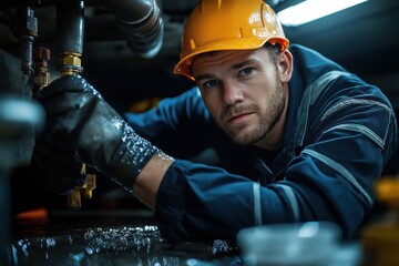 Focused plumber inspecting pipes under sink, using tools to fix leak