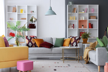 Interior of stylish living room with shelf units and sofas