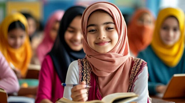 Several young girls engage in a learning session in a bright classroom, wearing colorful hijabs and focused on their books as they study together.