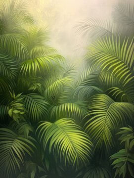 Lush greenery fills the scene, featuring vibrant palm leaves surrounded by a soft golden mist, evoking a tropical ambiance perfect for nature-themed projects, eco-friendly concepts