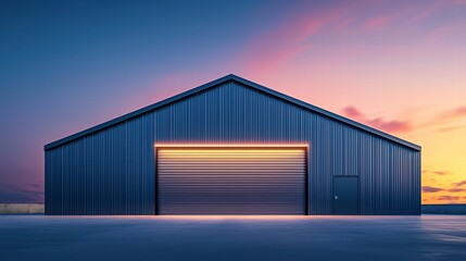 Fototapeta premium Modern Industrial Building at Dusk: A sleek, steel-clad industrial building stands tall against a vibrant, pink and orange sunset. The building's large.