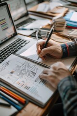 Creative workspace with artist sketching designs on paper with laptops