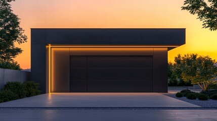 Modern Garage at Dusk: A sleek, dark-grey contemporary garage features warm, ambient LED lighting outlining its structure, creating a dramatic yet inviting ambiance at sunset. 