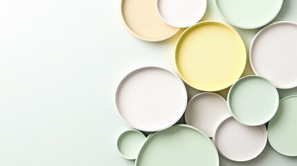 A collection of round, pastel-colored plates arranged in an artistic pattern against a soft background, This image can be used for interior design, home decor websites