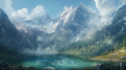 Serene Mountain Lake Landscape: A Breathtaking View of Majestic Peaks and Tranquil Waters