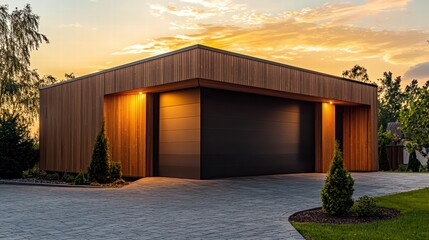 Fototapeta premium Modern Garage Design: A sleek and modern garage with wooden siding and a black electric garage door is illuminated by warm lights.