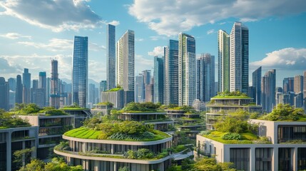 Obraz premium Modern Urban Landscape with Green Architecture and Skyscrapers