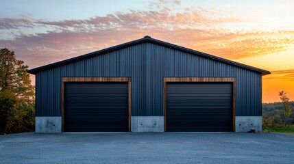 A double garage barn with dark grey metal siding and black doors sits majestically against a vibrant sunset sky. 